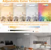 A collage showing a ceiling light in different color temperatures and a living room/kitchen scene. Voir les images du produit