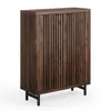 A dark walnut shoe cabinet with slatted doors and black metal legs, presented on a white background. Náhľad obrázku produktu