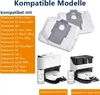 A collage of images showing vacuum cleaner dust bags, a robot vacuum cleaner with its charging station, and another charging station with multiple dust bins. Produktbild-Vorschau