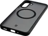 A black, translucent phone case with a magnetic ring on a white background. Produktbild-Vorschau