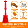 A red plunger is shown next to four circular images illustrating various items that can be cleared from drains: hair, toilet paper, leaves, and apple cores. Text below the images states the product is universally applicable and can remove any dirt with a t Produktbild-Vorschau