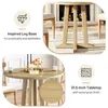 A round dining table with chairs in a dining room setting, with close-ups highlighting the leg base and tabletop. Produktbild-Vorschau