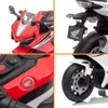 Collage of close-up shots of a red and white toy motorcycle. Voir les images du produit