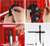 A collage of four images showing the steps to assemble and use a bearing puller tool set. Podgląd zdjęcia produktu