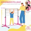 A mother and child interacting with a pink gymnastics bar. The image includes text overlays highlighting features and specifications. Produktbild-Vorschau