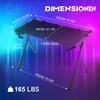 A gaming desk with dimensions and weight indicated by text overlays, set against a gradient background of blue and purple light. Voir les images du produit