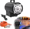 A collage showing a black gas heater with accessories and a scene of people working in a construction site with the heater in use. Produktbild-Vorschau