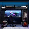A loft bed with a desk and storage underneath, set up in a modern, gamer-themed bedroom with LED lighting. Voir les images du produit