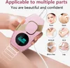 A hand holding a pink and gold hair removal device over a person's leg, with multiple circular images showing different body parts and associated text labels. Produktbild-Vorschau