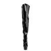 A single black patent leather thigh-high boot shown from the back. Produktbild-Vorschau