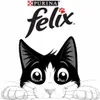 A cartoon black and white cat peeking over an edge with the Purina Felix logo above. Produktbild-Vorschau