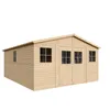 A wooden garden shed with windows and double doors, presented against a white background. Anteprima dell’immagine prodotto