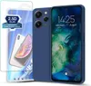 A blue phone case and screen protector are displayed against a white background. Produktbild-Vorschau