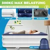 A woman sleeping on an inflatable mattress, with product features highlighted in the background. Produktbild-Vorschau