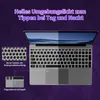 A laptop with its keyboard and fingerprint sensor highlighted, with text overlays describing features. Produktbild-Vorschau
