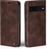 Two views of a brown leather flip case for a Google Pixel 6a phone, shown from the side and the back. Produktbild-Vorschau