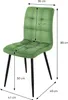 A green velvet dining chair with dimensions indicated by measurement lines and text. Produktbild-Vorschau