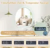 A bathroom mirror with a digital display showing time and temperature, surrounded by marketing text and feature examples. Produktbild-Vorschau