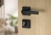 A close-up shot of a black door handle and keyplate on a wooden door. Produktbild-Vorschau