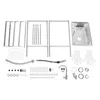 A collection of parts for a stainless steel sink assembly, including the sink basin, faucet, pipes, and frame components, laid out on a white background. Podgląd zdjęcia produktu