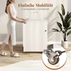 A woman is pushing a white cabinet with wheels, and a close-up of a wheel with a lock is shown. Náhľad obrázku produktu