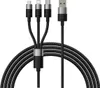 A black 3-in-1 USB charging cable with USB-C, Lightning, and Micro USB connectors is displayed against a white background. Produktbild-Vorschau