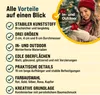 A woman is holding a red Christmas ornament in front of a decorated Christmas tree, with text listing product benefits. Náhled obrázku produktu