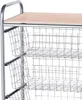 A close-up view of a kitchen cart with wire baskets and a wooden top. Voir les images du produit