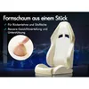 A close-up of a foam gaming chair seat and backrest, with a finger pressing into a sample of the foam. Produktbild-Vorschau