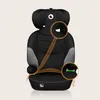 A black and gray car seat with orange lines highlighting the seatbelt path and two circular insets showing close-ups of the buckle mechanism. Produktbild-Vorschau