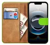 A book-style phone case with a card slot and cash, showing a phone screen. Produktbild-Vorschau