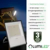 A floodlight is shown outdoors at night, with technical specifications listed next to it. Voir les images du produit