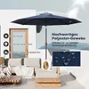 An outdoor patio scene with a dark blue umbrella, lounge furniture, and decorative elements. Podgląd zdjęcia produktu