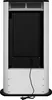 The back view of a white electric fireplace with a black panel and a power cord. Produktbild-Vorschau