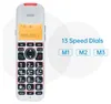 A close-up marketing image of a cordless phone with its keypad and screen visible, alongside text highlighting features. Produktbild-Vorschau