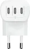 A white Belkin BoostCharge 67W USB-C power adapter with three USB-C ports and two prongs for plugging into a wall outlet. Produktbild-Vorschau