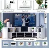 Collage showing different configurations and uses of a white TV stand, with inset images of shelves and storage options. Produktbild-Vorschau