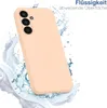 A peach-colored phone case is shown with water splashes around it, suggesting a water-repellent feature. Produktbild-Vorschau