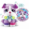 A plush toy dog wearing headphones and bracelets, with musical notes and promotional text around it. Produktbild-Vorschau