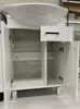 A white bathroom vanity with a sink and a chrome faucet, shown with its doors open. Produktbild-Vorschau
