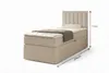 A single bed with a headboard, mattress, and blanket, shown against a white background with measurement indicators. Produktbild-Vorschau
