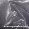 A close-up of gray velvet fabric with a textile icon and text overlay. Produktbild-Vorschau