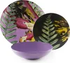 A set of dishes with a flamingo and tropical leaf pattern, along with a solid purple bowl. Anteprima dell’immagine prodotto