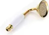 A close-up studio shot of a gold and white handheld shower head. Produktbild-Vorschau