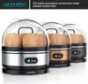 Three Arendo egg cookers are shown in a row, with eggs inside each covered by a clear lid. The egg cookers are in different colors: silver, copper, and gray. Produktbild-Vorschau