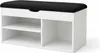 A white shoe cabinet with a black upholstered seat on top, shown against a white background. Náhľad obrázku produktu