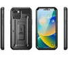 A black iPhone case with a kickstand is shown from multiple angles, including the front with the phone screen on. Produktbild-Vorschau