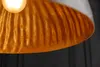 A close-up view of the underside of a textured, golden lampshade with a light bulb visible at the top. Produktbild-Vorschau