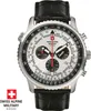 A close-up studio shot of a Swiss Alpine Military chronograph watch with a white dial and black leather strap. Produktbild-Vorschau