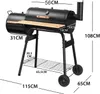 A black charcoal grill with a wooden side table and a shelf underneath, shown with dimensions indicated by text and lines. Produktbild-Vorschau